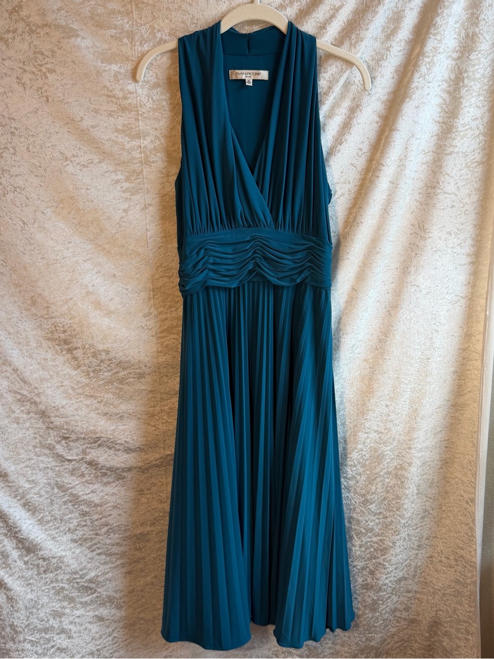 Evan Picone Teal Pleated Ruched Cocktail Midi Dress Size 10
